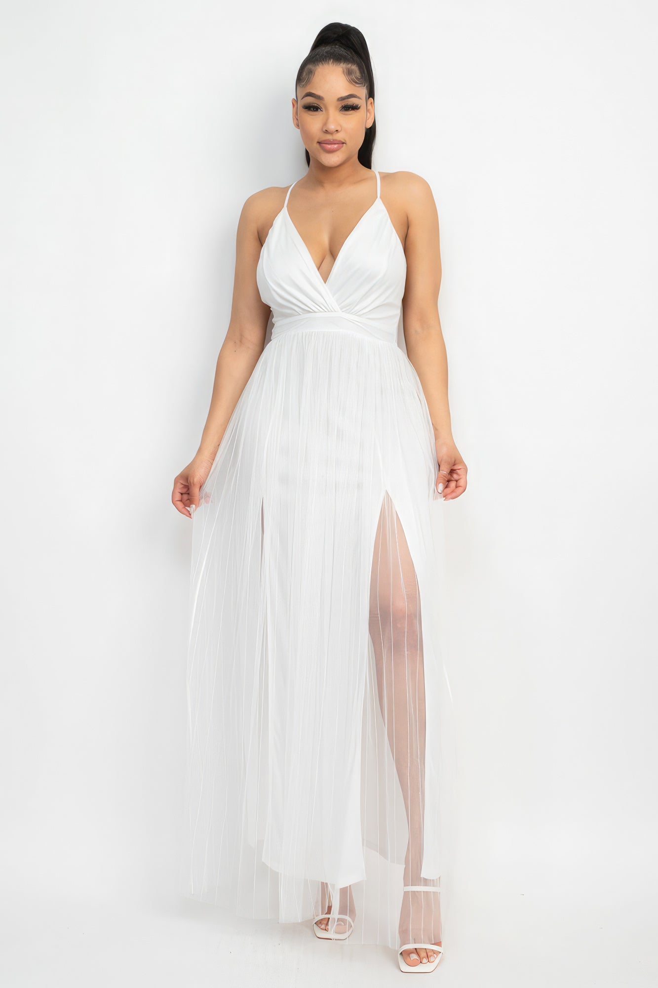 Pleated Mesh Slit Maxi Dress - Supreme Deals