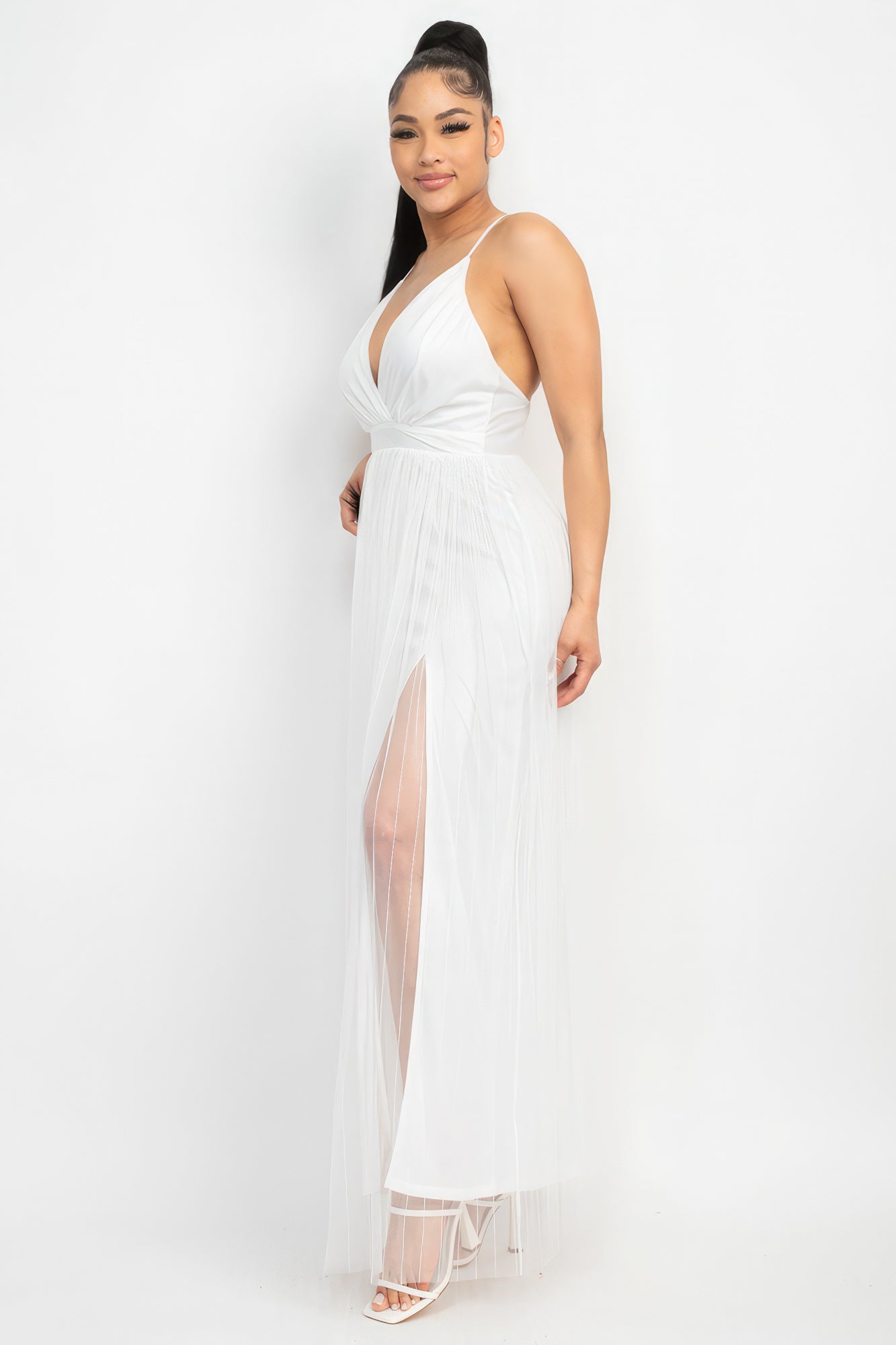 Pleated Mesh Slit Maxi Dress - Supreme Deals