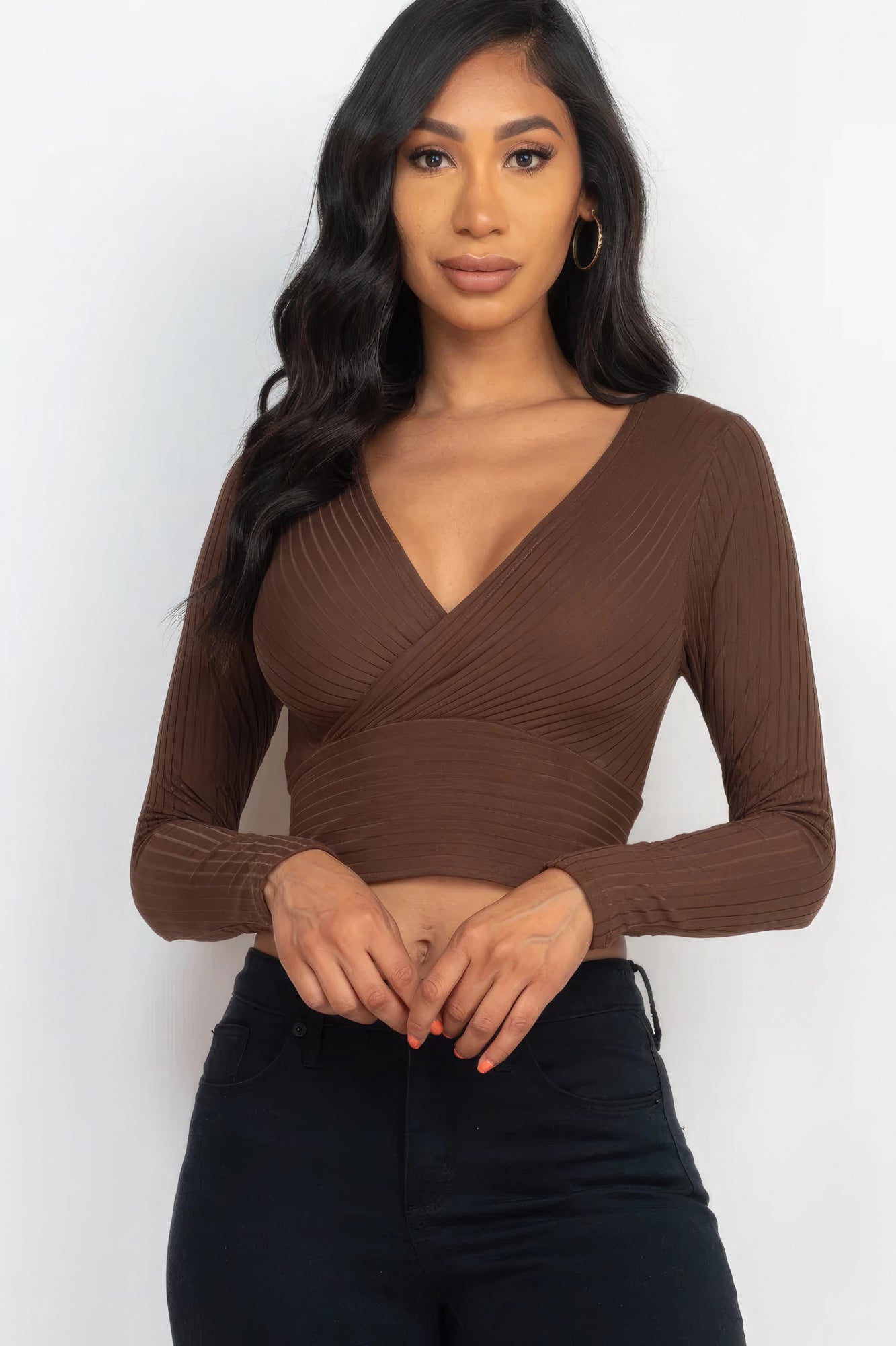 Ribbed Wrap Front Long Sleeve Top - Supreme Deals