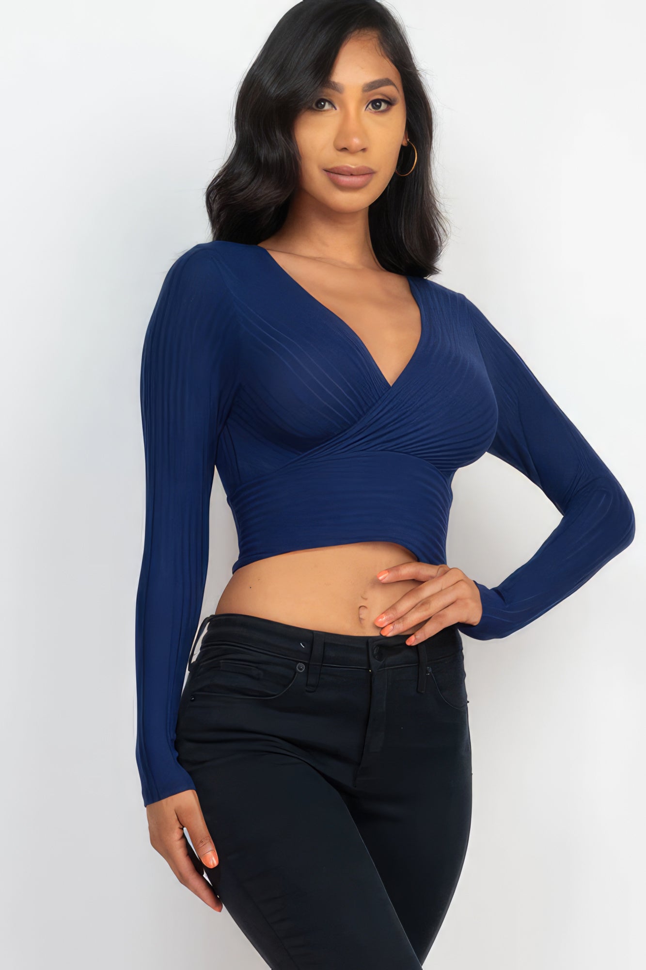 Ribbed Wrap Front Long Sleeve Top - Supreme Deals