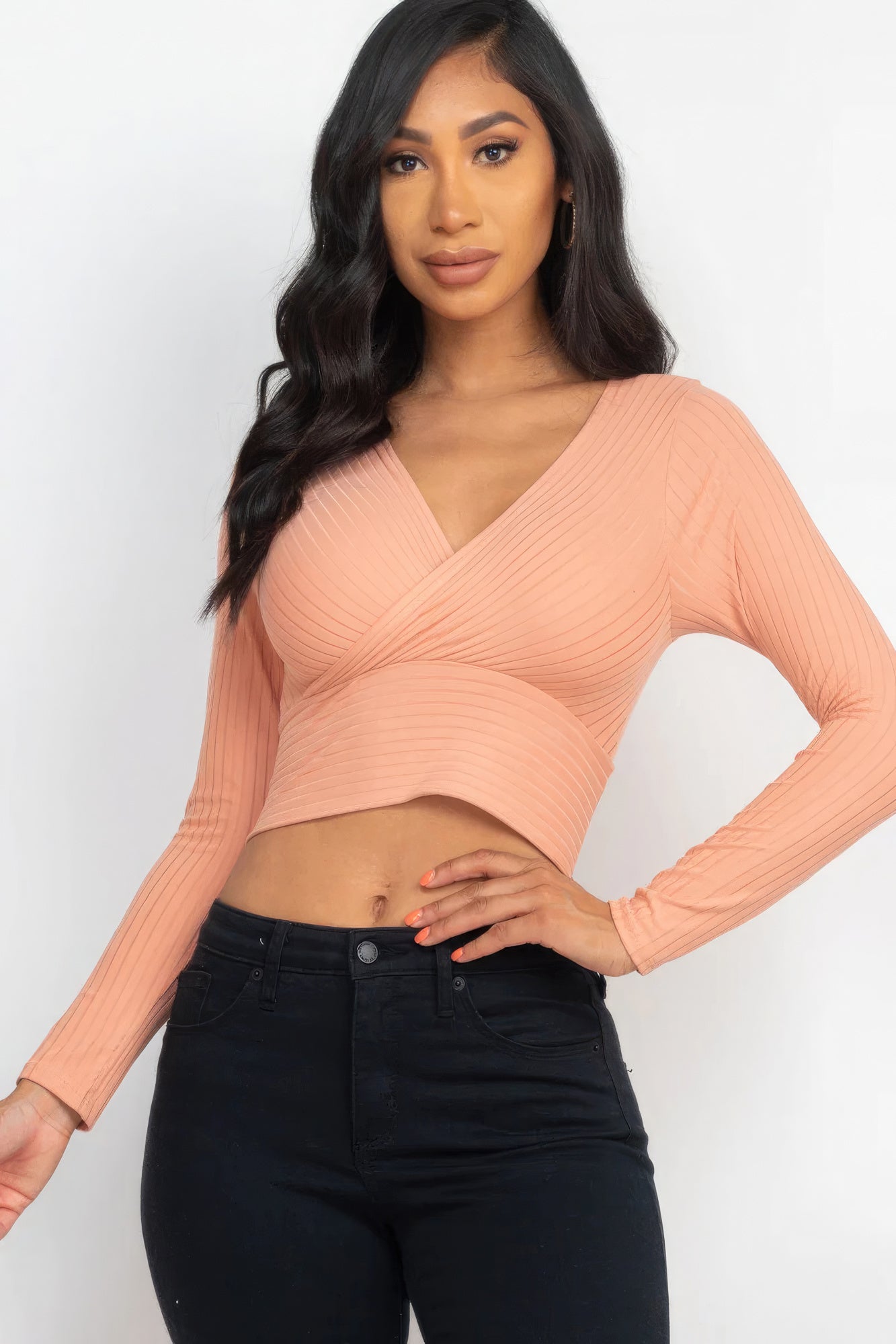 Ribbed Wrap Front Long Sleeve Top - Supreme Deals