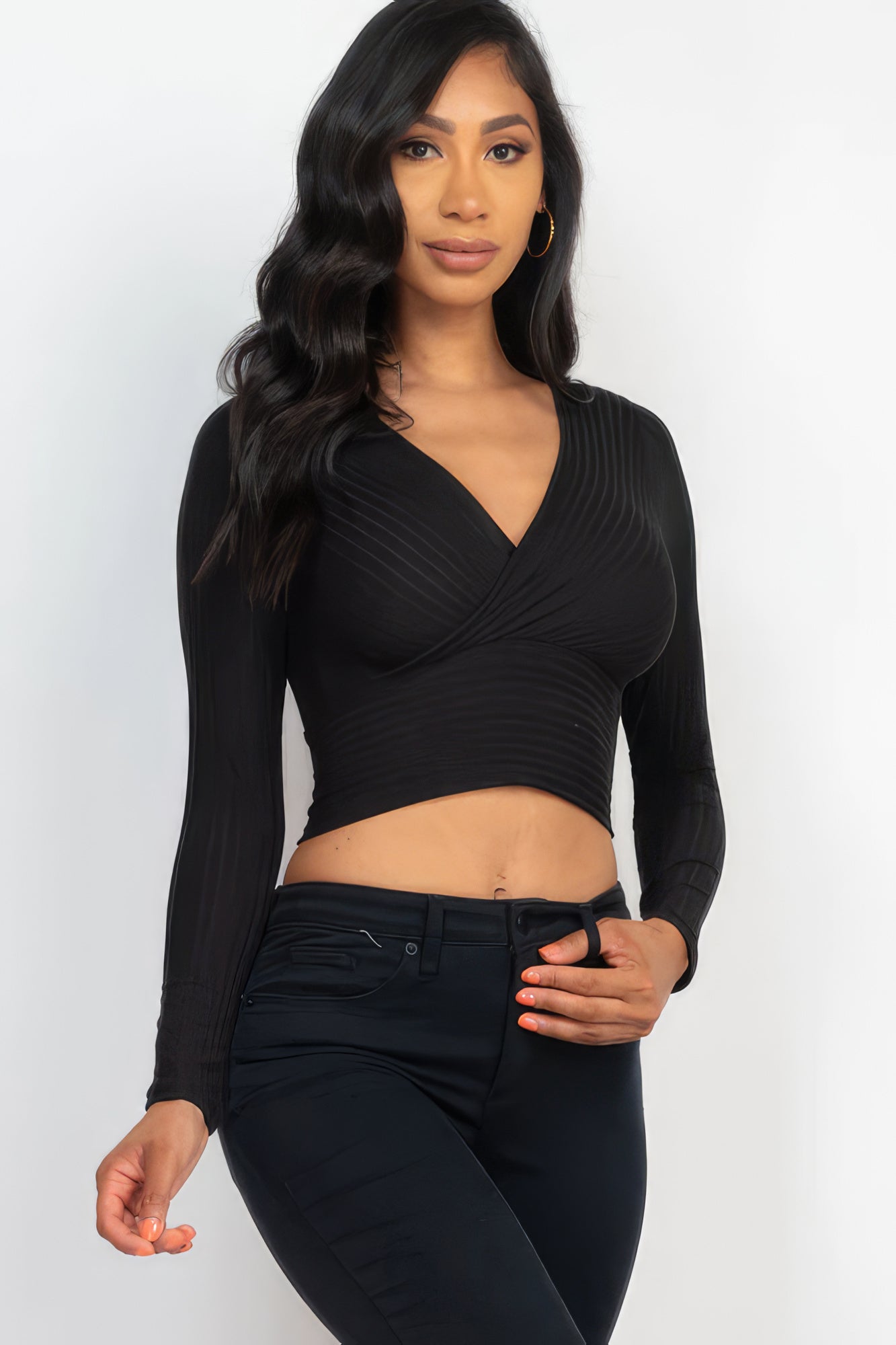 Ribbed Wrap Front Long Sleeve Top - Supreme Deals