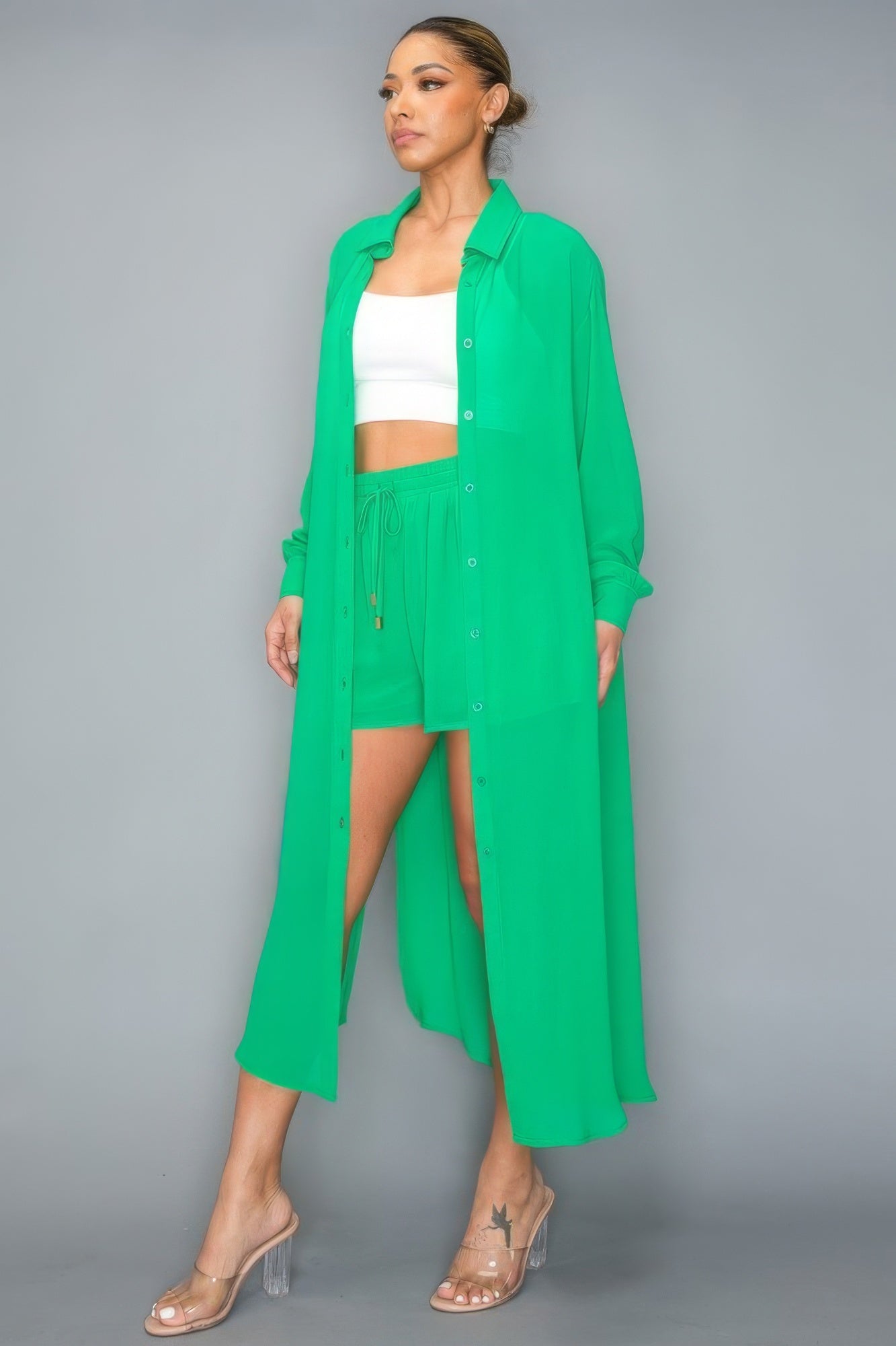 Chiffon Button Down Long Sleeve Side Slit Long Top With Short Set - Supreme Deals