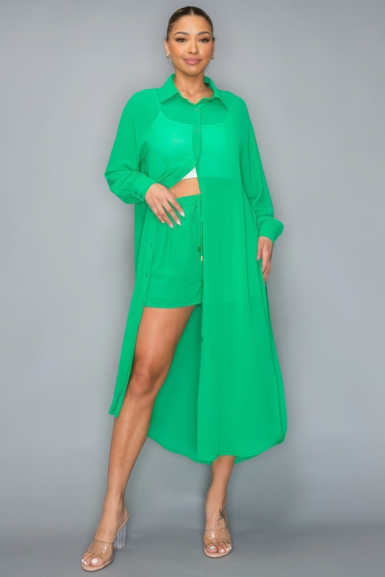 Chiffon Button Down Long Sleeve Side Slit Long Top With Short Set - Supreme Deals