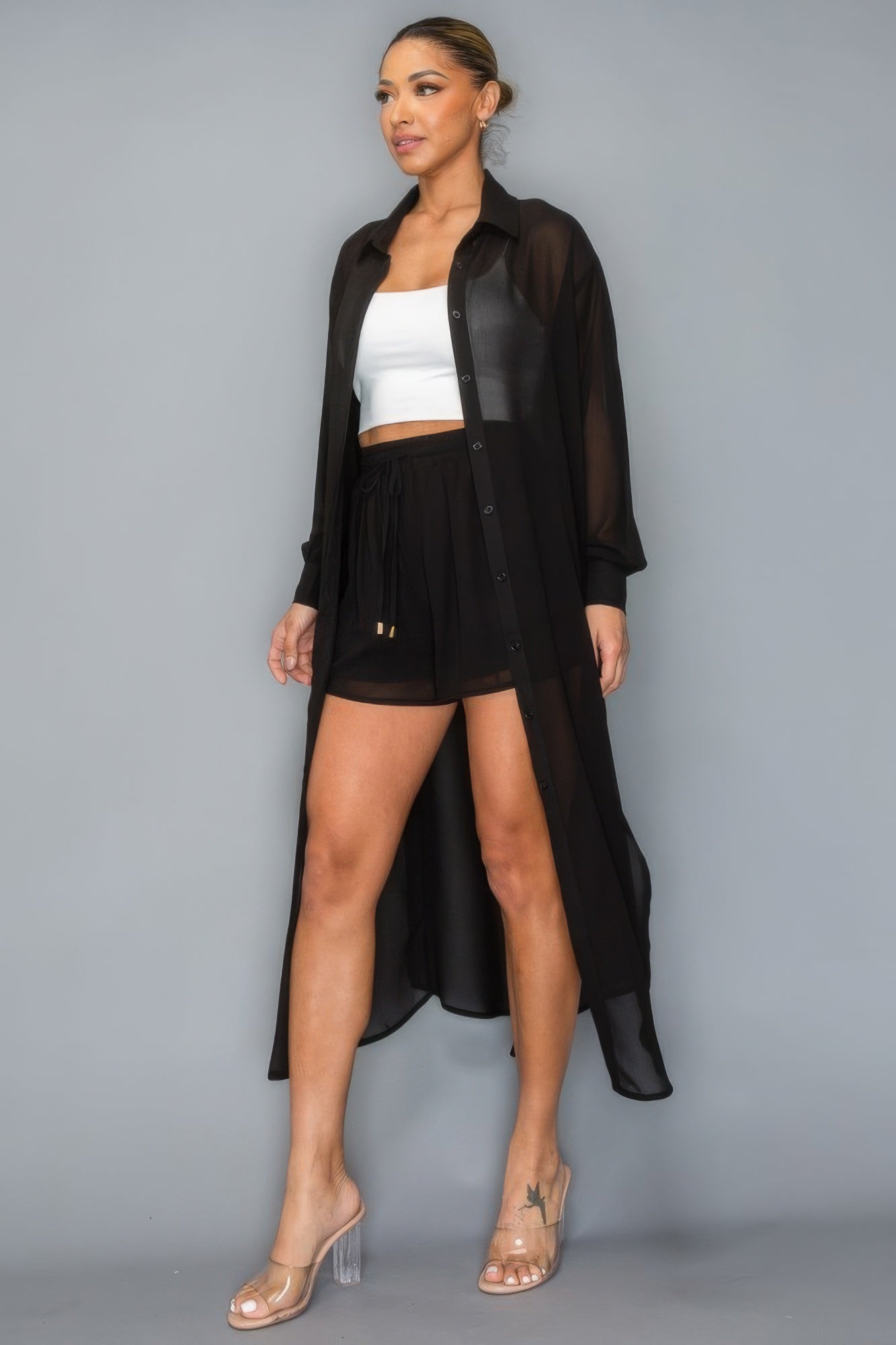 Chiffon Button Down Long Sleeve Side Slit Long Top With Short Set - Supreme Deals