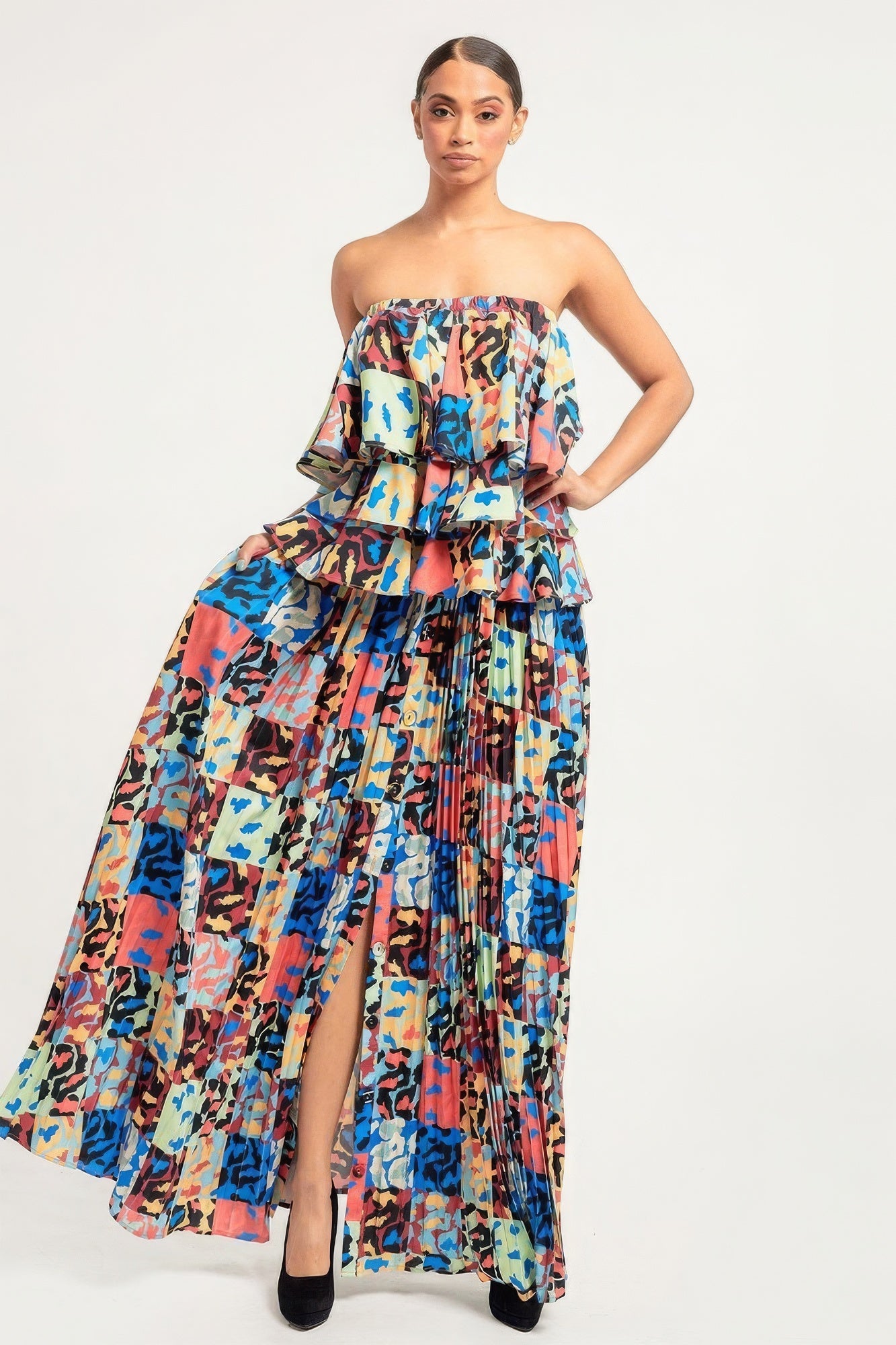 Printed Ruffle Top And Pleated Skirt Set - Supreme Deals