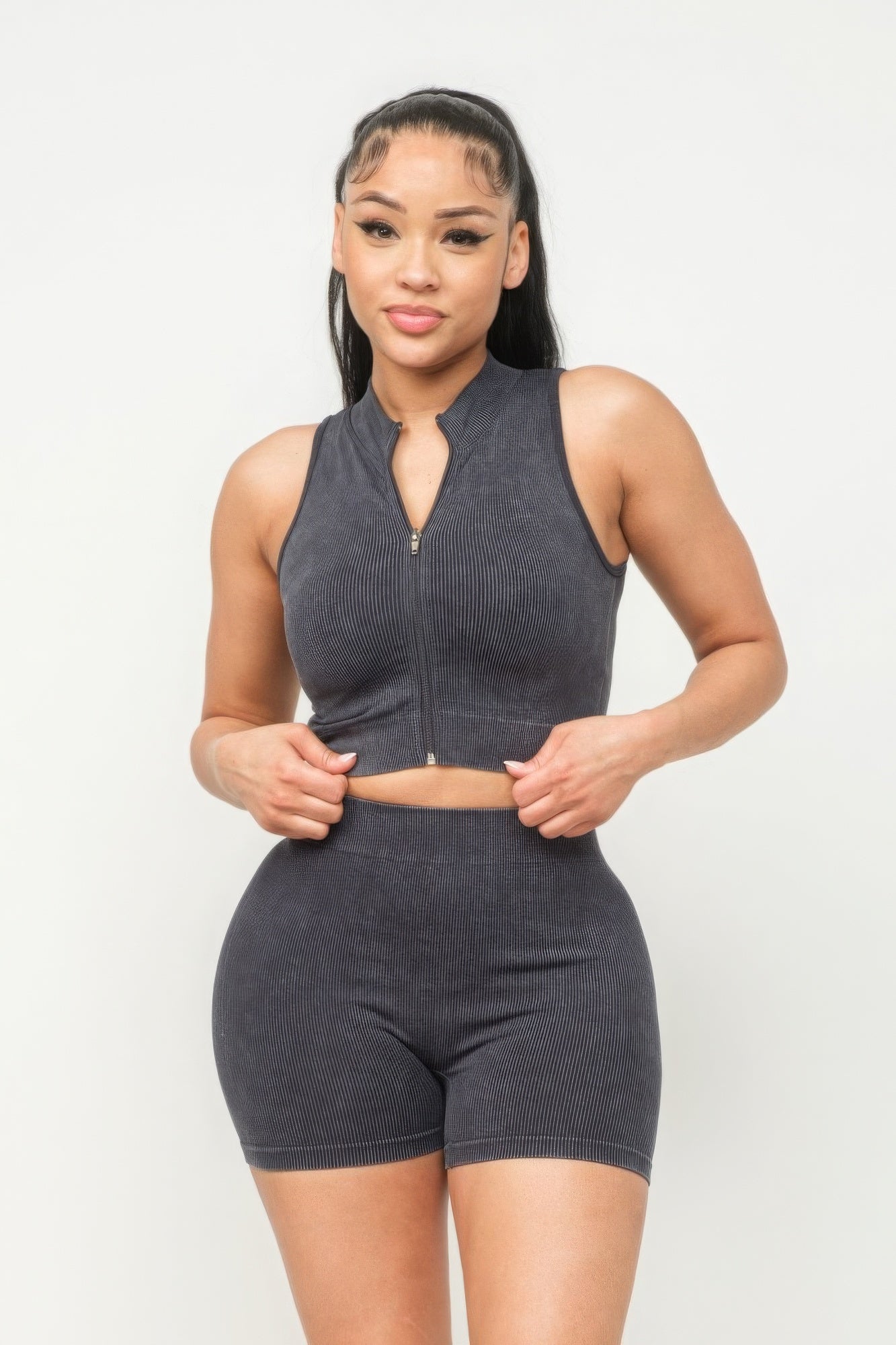 Washed Seamless Zipper Top And Shorts Set - Supreme Deals