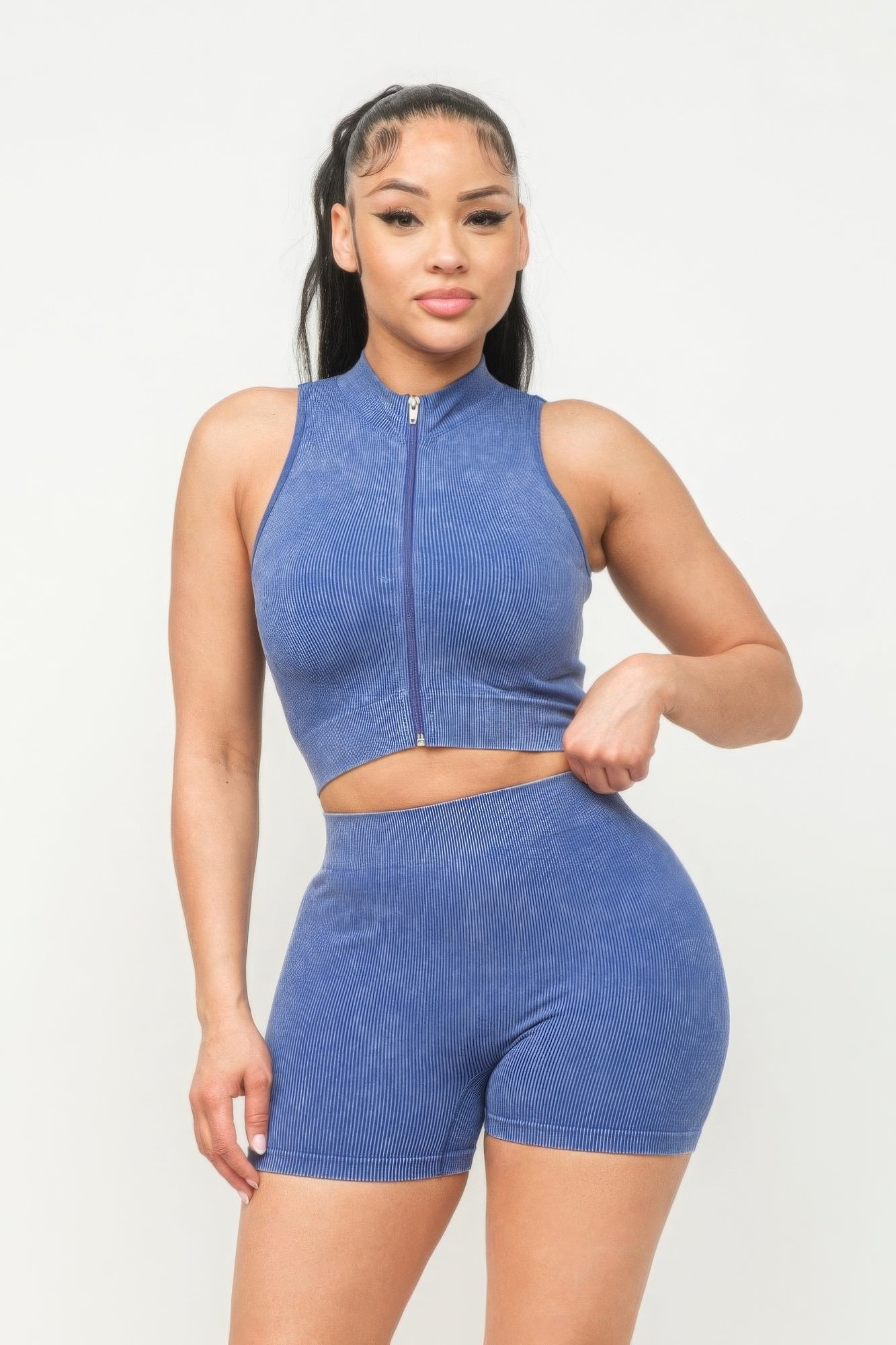 Washed Seamless Zipper Top And Shorts Set - Supreme Deals