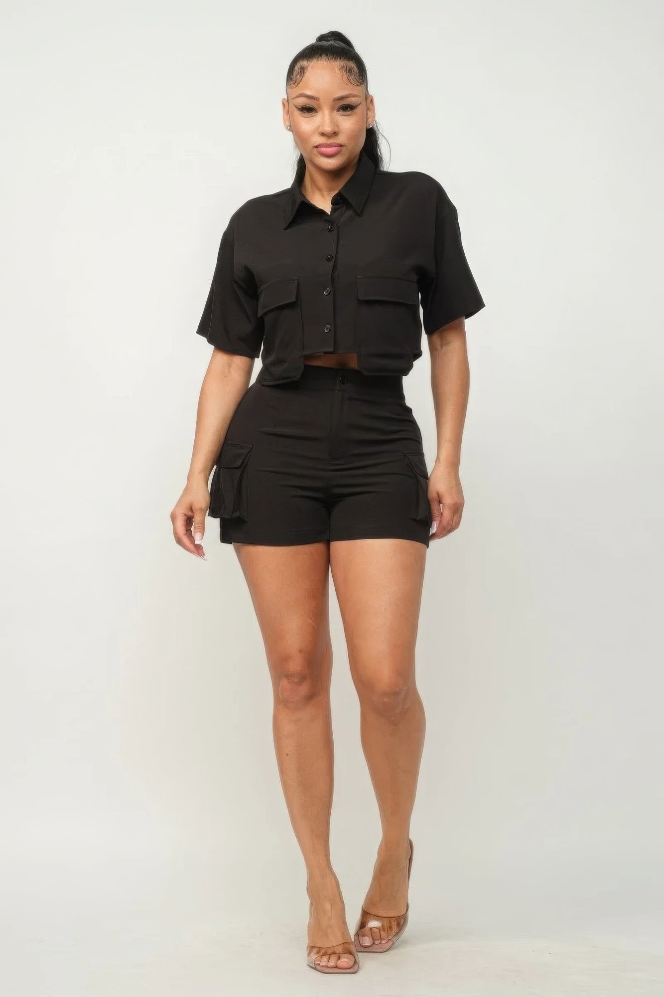 Front Button Down Side Pockets Top And Shorts Set - Supreme Deals