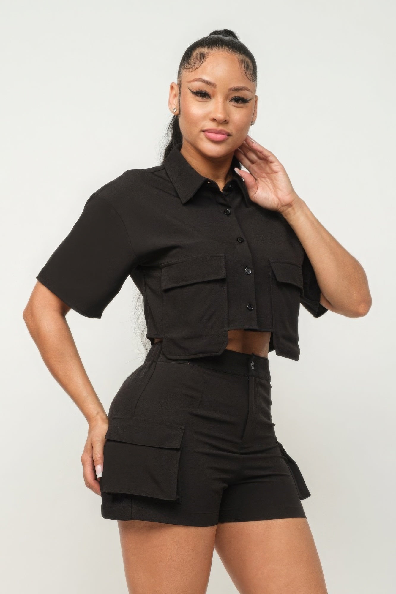 Front Button Down Side Pockets Top And Shorts Set - Supreme Deals