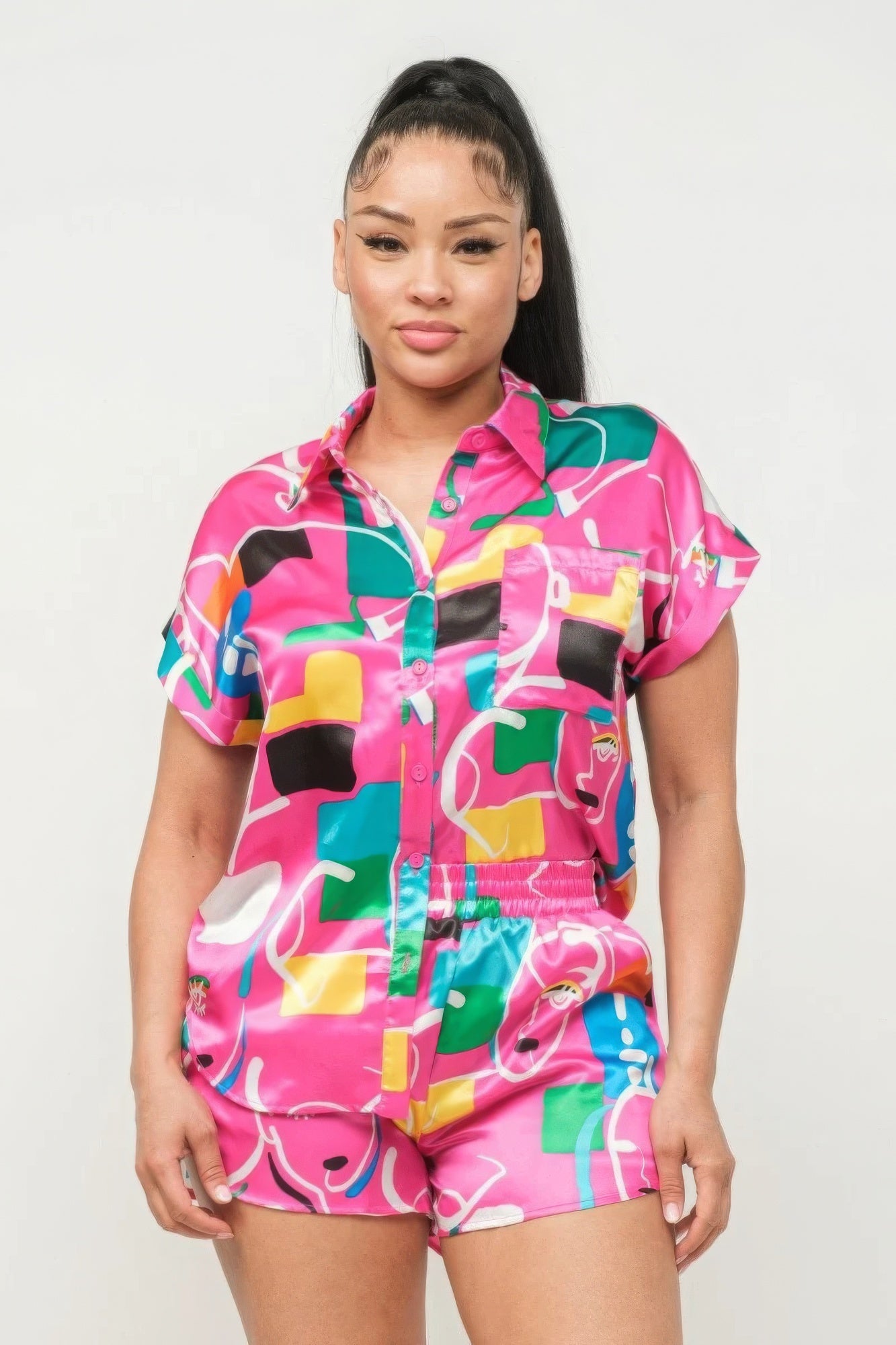 Satin Dolman Print Button Down Top And Shorts Set - Supreme Deals