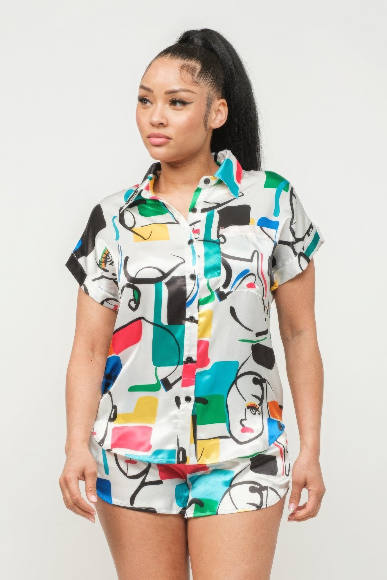 Satin Dolman Print Button Down Top And Shorts Set - Supreme Deals